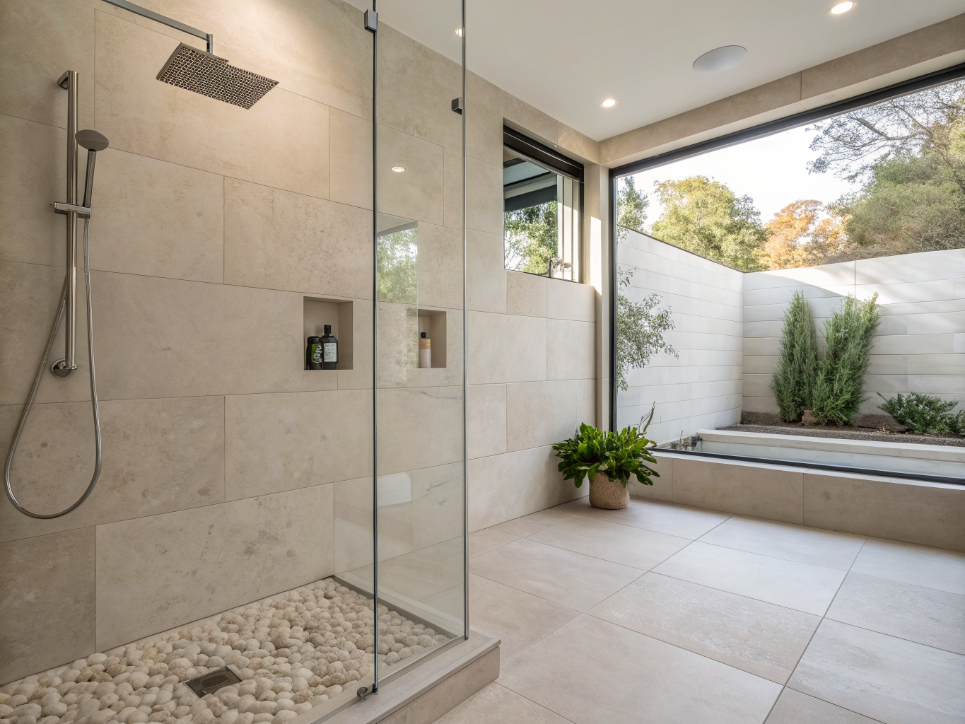 Luxury walk-in shower with hidden linear drain and level access flooring